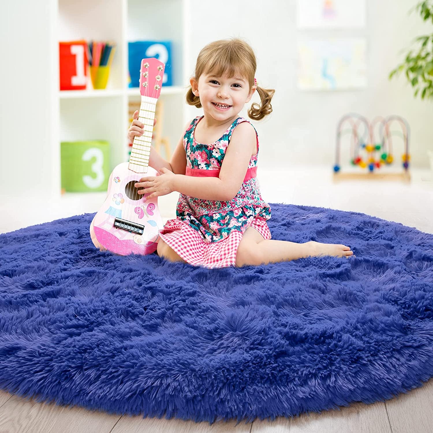 Rug 4X4 Feet, Light Navy, Fluffy Soft Area Rugs for Kids Girls Room Princess Castle Plush Shaggy Carpet, Circular Home Decor