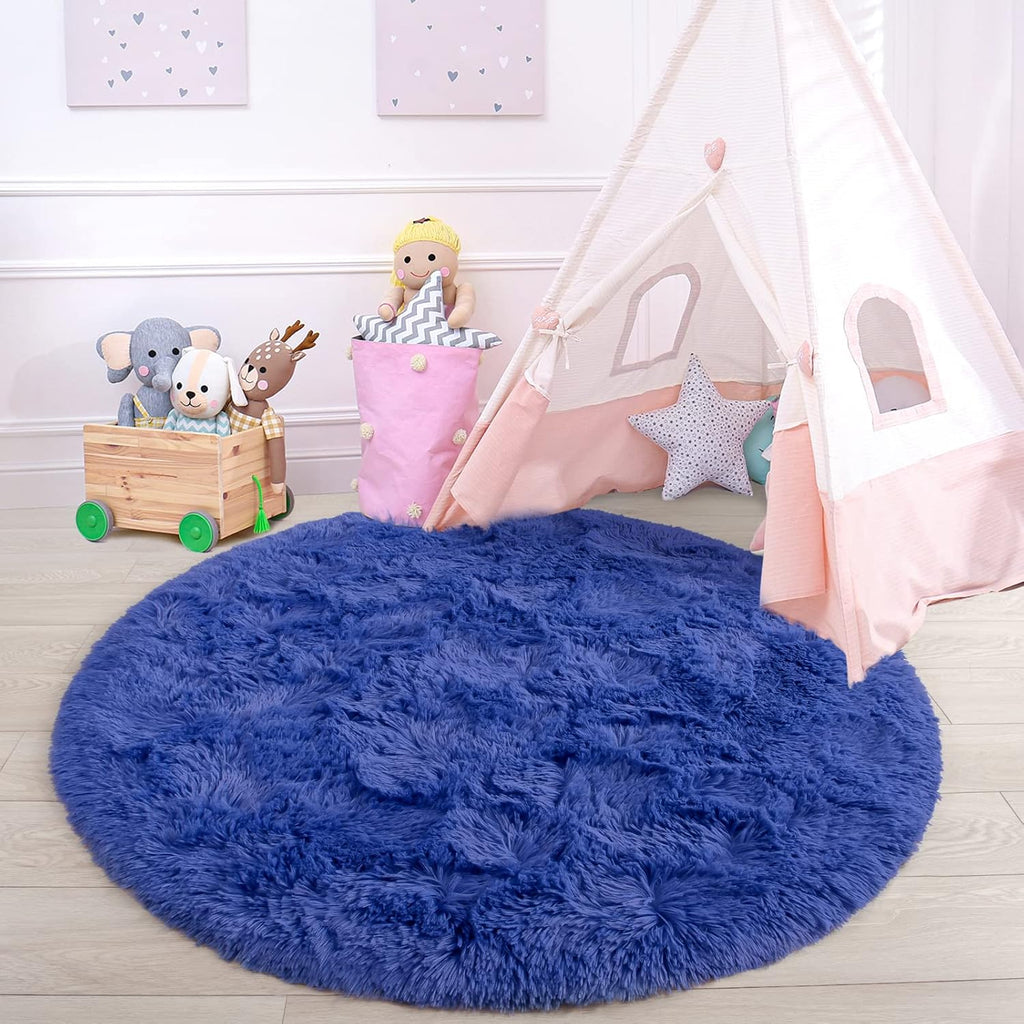 Rug 4X4 Feet, Light Navy, Fluffy Soft Area Rugs for Kids Girls Room Princess Castle Plush Shaggy Carpet, Circular Home Decor