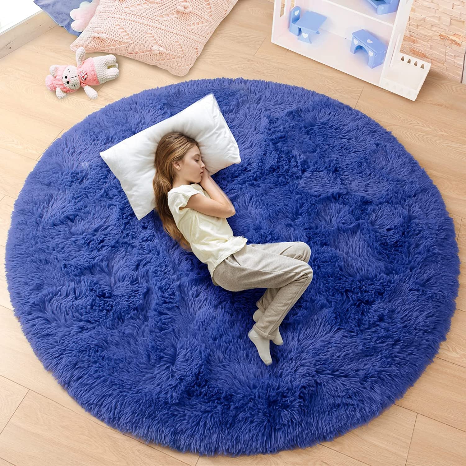 Rug 4X4 Feet, Light Navy, Fluffy Soft Area Rugs for Kids Girls Room Princess Castle Plush Shaggy Carpet, Circular Home Decor