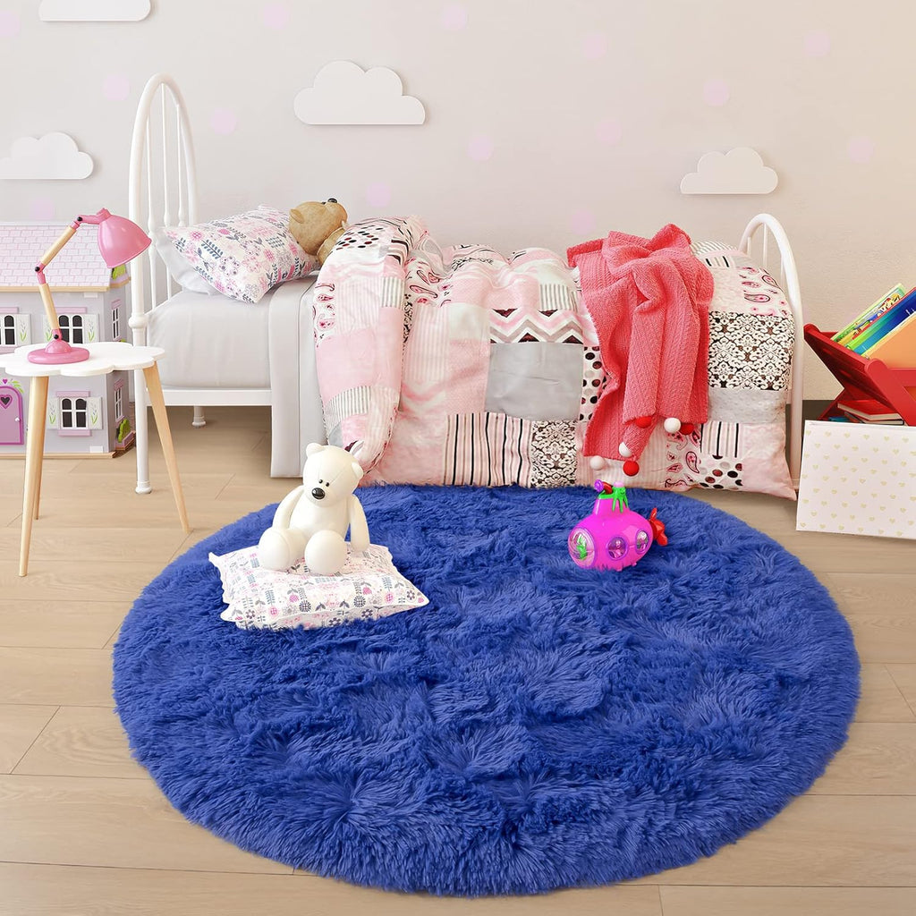 Rug 4X4 Feet, Light Navy, Fluffy Soft Area Rugs for Kids Girls Room Princess Castle Plush Shaggy Carpet, Circular Home Decor